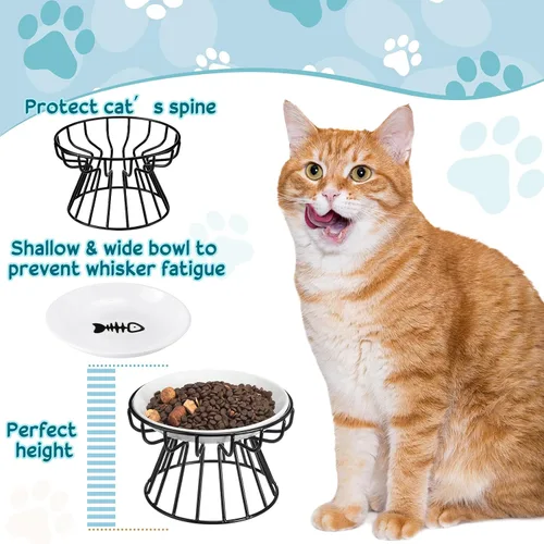 Vista 3 de Roshtia 4 juegos de cuencos elevados de cerámica para gatos con soporte de metal, platos aptos para lavavajillas, platos elevados antideslizantes