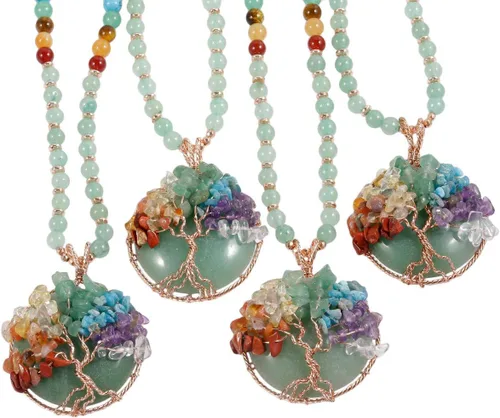 Vista 4 de TUMBEELLUWA Colgante de piedra con forma de árbol envuelto en alambre de cobre, collar largo de cuentas de cristal de 7 chakras, amuleto de piedras
