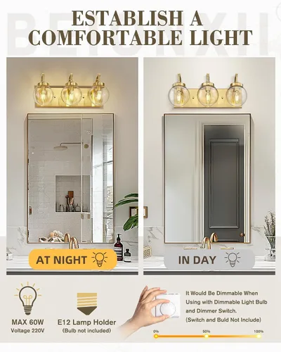 Vista 3 de Beionxii BX-VL03BG-3CG - Lámpara de tocador de baño de 3 luces de oro cepillado, modernas luces de tocador con pantalla de vidrio transparente