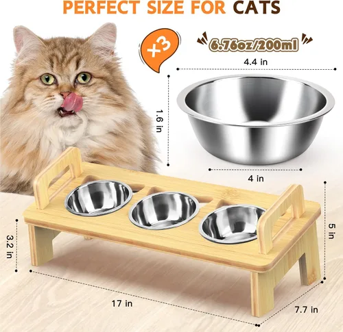 Vista 8 de Tazón Elevado de Comida para Gatos, 3 Cuencos Elevados de Acero Inoxidable para Gatos con Soporte, Cuenco Inclinado 15° para Perros Pequeños
