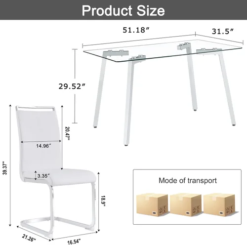 Vista 2 de Juego de mesa de comedor de cristal para 4, mesa rectangular con 4 sillas de cocina de cuero blanco, juego de comedor de cocina de 51 pulgadas, mesa