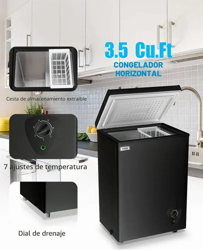 Vista 2 de WANAI Congeladores de Pecho 3.5 Pies Cúbicos Congelador Mini Compacto Independiente de Puerta Superior Habitación Dormitorio Oficina Garaje
