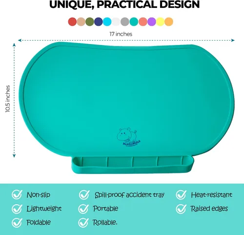 Vista 3 de Tapete individual de silicona para niños, Baby Mumbo, calidad alimentaria con bordes elevados únicos para la prevención de derrames, bandeja ligera