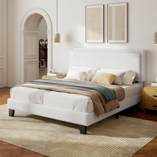Vista 9 de Base de cama Queen con cabecera ajustable, cama plataforma Boucle Cloud con listones de madera, base de colchón, no necesita somier, fácil montaje