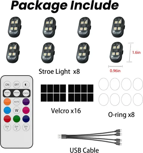 Vista 8 de 8 luces estroboscópicas LED inalámbricas con control remoto, RGB 8 colores multifunción, carga USB, impermeable, anticolisión, advertencia trasera