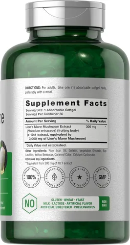 Vista 2 de Horbäach Suplemento de melena de león 3000 mg 80 cápsulas blandas absorbentes Extracto sin OMG y sin gluten