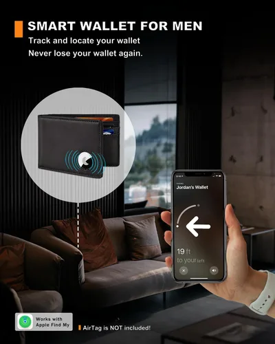 Vista 26 de Billetera AirTag para hombre, de piel auténtica plegable con bloqueo Rfid AirTag con ranuras para efectivo y ventana de identificación, compatible