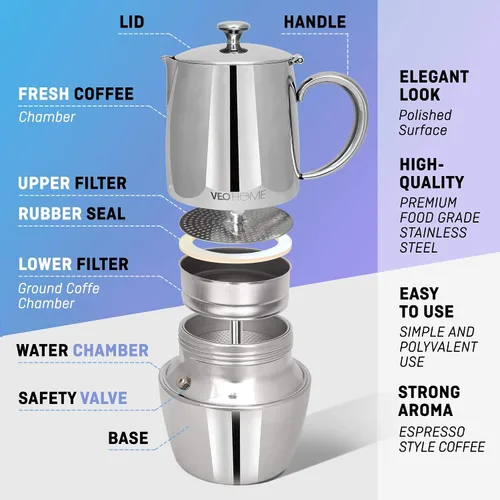 Vista 2 de VeoHome Cafetera espresso para estufa - l olla de inducción de acero inoxidable con múltiples estufas (10.1 fl oz)