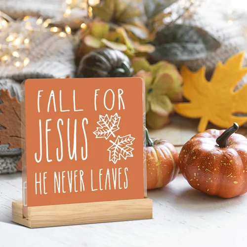 Vista 6 de Decoración rústica de otoño con texto en inglés "Fall for Jesus He Never Leeds", decoración rústica de otoño de Jesús para la oficina en casa