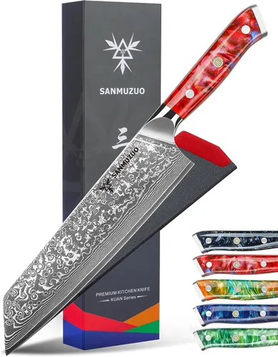 Vista 9 de Kiritsuke - Cuchillo de chef de cocina de 8.5 pulgadas, mango de acero de Damasco y resina de 67 capas, serie Xuan (naranja fantasía)