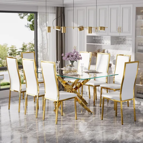 Vista 11 de Juego de mesa de comedor de cristal dorado moderno de 63 pulgadas para 6, juego de mesa de cocina rectangular de 7 piezas con patas de acero Negro