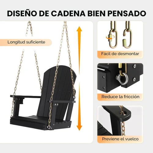 Vista 6 de VINGLI Columpio de porche de polietileno de alta densidad de alta resistencia de 880 libras para exteriores con soporte giratorio para tazas, Negro