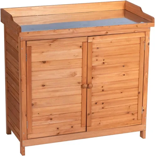 Vista 10 de Gabinete de Almacenamiento de Madera para Jardín Exterior Patio Muebles Cobertizo de Herramientas Impermeable con Bancos para Macetas Mesa de Gris