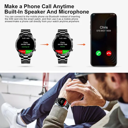 Vista 2 de Reloj inteligente para hombre para Android iOS, llamadas Bluetooth, chat de voz con monitor de frecuencia cardíaca/sueño, monitor de fitness