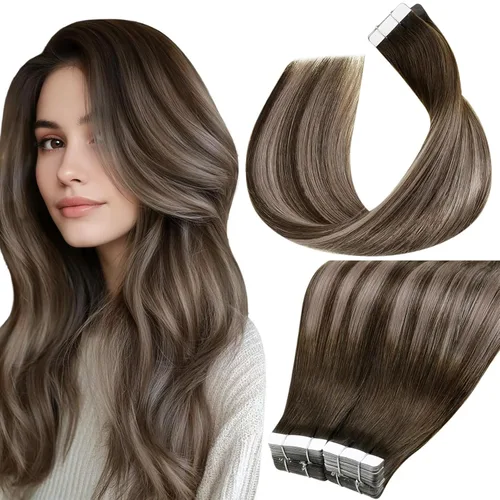 Vista 63 de LaaVoo Extensiones adhesivas de cabello humano real, color negro azabache, extensiones de cabello humano liso y sedoso, 10 pulgadas, 20