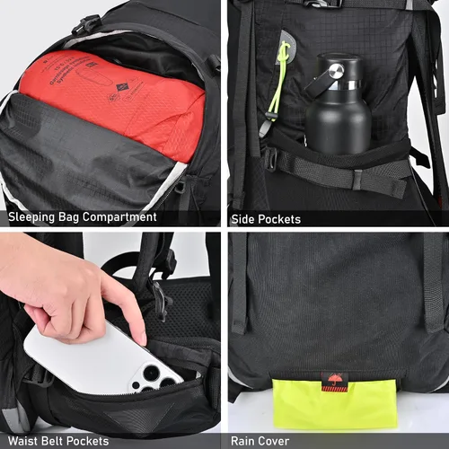 Vista 6 de N NEVO RHINO Mochila de senderismo con marco interno 40L con cubierta de Negro