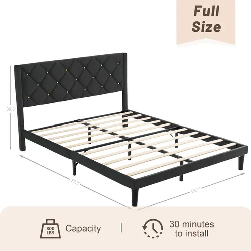 Vista 2 de Base de cama de plataforma de tamaño matrimonial con cabecera de terciopelo, soporte de listones de madera resistente, base de colchón, no requiere