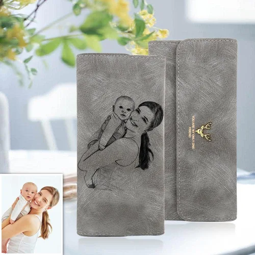 Vista 2 de SOUFEEL Billeteras personalizadas para mujer con foto personalizada, piel sintética, delgada, larga, triple, regalos para mamá, abuela, hija, Gris