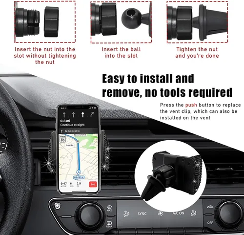 Vista 5 de Bling Soporte de Teléfono para Coche, Soporte de Teléfono Ajustable en 360 Grados de Cristal para Salpicadero y Ventilación de Coche, Soporte