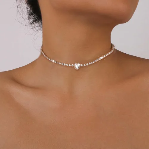 Vista 3 de Collar de corazón para mujer, gargantilla de diamantes de imitación, gargantilla de corazón brillante de oro, collar de circón, collar