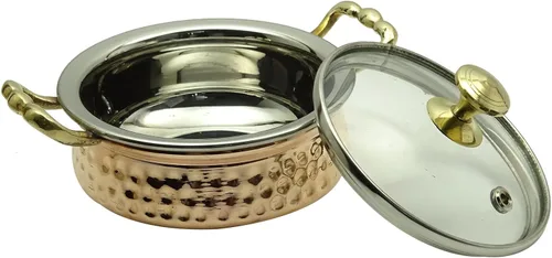 Vista 2 de Utensilios de cocina martillados tradicionales del vajilla del plato de Handi con la tapa de cristal