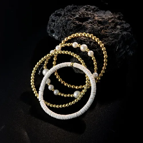 Vista 6 de Pulsera de cuentas de oro para mujer, apilable, chapada en perlas, juego de pulseras elásticas para mujer, a la moda