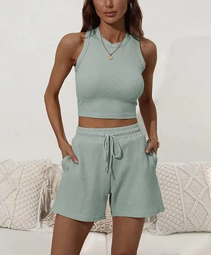 Vista 2 de Ifoqixu Conjunto de 2 piezas para mujer, camiseta corta sin mangas y pantalones cortos con bolsillos, pijama de punto acanalado