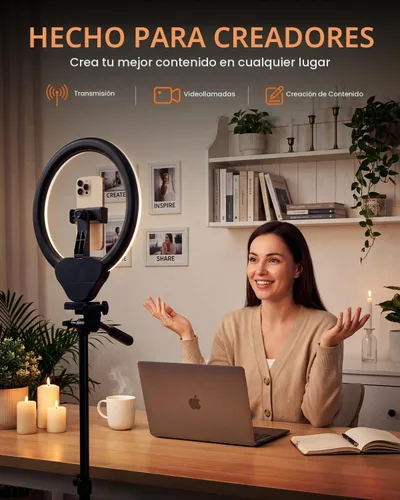 Vista 2 de SENSYNE - Anillo de luz de 10 pulgadas con soporte de trípode extensible de 50 pulgadas, luces circulares LED con soporte para teléfono
