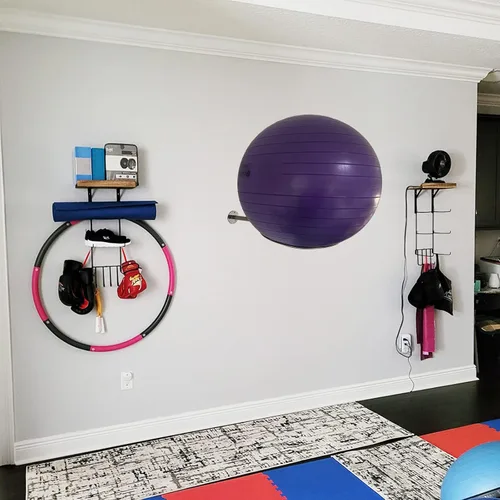 Vista 6 de Soporte de bola de ejercicio de acero inoxidable montado en la pared, estante resistente para pelotas de yoga, soporte de exhibición de bolas