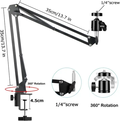 Vista 3 de Soporte de trípode para cámara web de cámara, brazo articulado sobre la cabeza con soporte para teléfono y cabeza de bola, accesorio de tijera