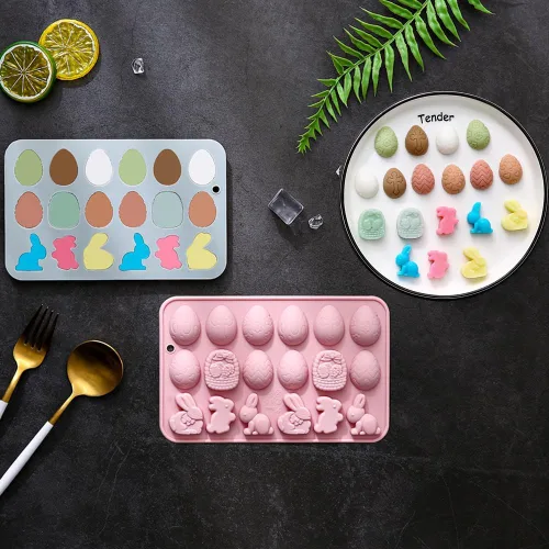 Vista 8 de Paquete de 2 moldes de chocolate para gomitas de Pascua, 18 cavidades, huevo, conejo, dulces, bandeja para hornear pastel de chocolate, postre