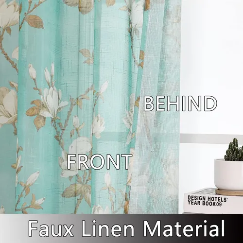 Vista 3 de SMILE WEAVER 2 paneles de cortinas traslúcidas turquesa de 45 pulgadas de largo, para sala de estar, cortinas semitransparentes florales