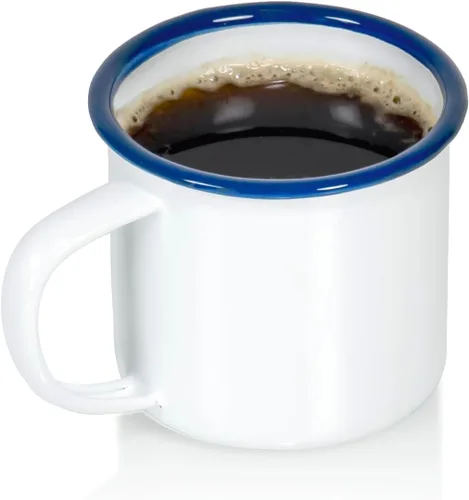 Vista 7 de Red Co. Juego de 6 tazas de café y té redondas de metal esmaltado de 5 onzas con asa, borde blanco sólido y azul marino