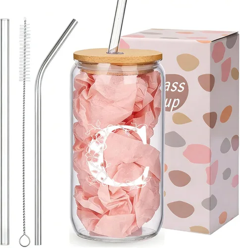 Vista 9 de Regalos personalizados para mujeres, tazas de vidrio con monograma con tapas y pajitas, regalos personalizados para mujeres, vasos de café helado