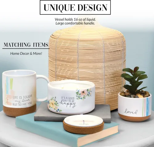 Vista 4 de Pavilion Gift Company - Life Is Tough - Taza de cerámica de 16 onzas con fondo esmaltado arenoso, patrón de rayas de acuarela, taza de café de mango