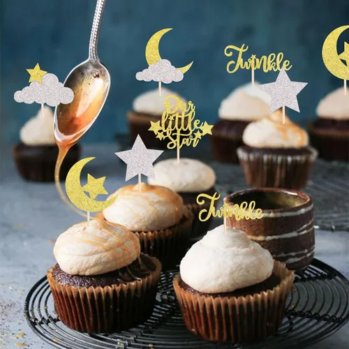Vista 6 de Paquete de 24 adornos para cupcakes con purpurina de luna, nube, estrellas, estrellas, baby shower, niños, cumpleaños, boda, fiesta, decoración