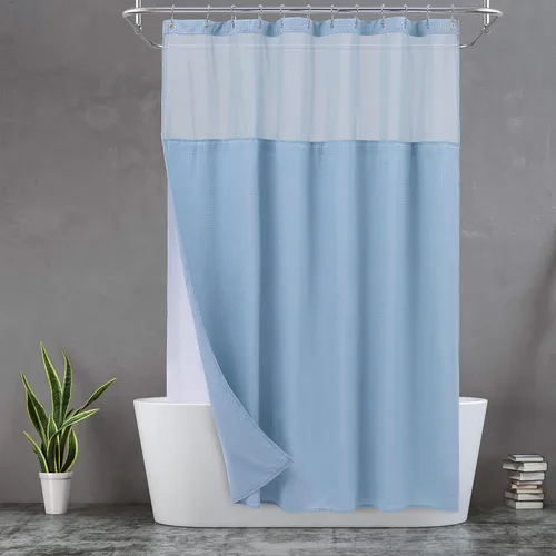 Vista 32 de N&Y HOME - Juego de cortina de ducha de punto gofre, forro de tela a presión y ganchos, para ducha pequeña, estilo hotel, ventana superior de malla