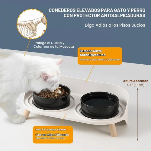 Vista 6 de Juego de Cuencos Elevados de Cerámica para Gatos - Platos Dobles Elevados para Alimentos y Agua - Soporte Antideslizante y Resistente a Salpicaduras