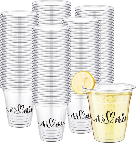 Vista 7 de Dandat Vasos desechables de plástico para boda a granel de 10 onzas con texto en inglés "Mr and Mrs Happily Ever After", vasos desechables