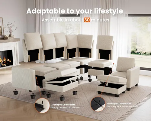 Vista 3 de CHIC HOUSE Sofá modular modular con otomanas de almacenamiento, sofá de pana para espacios pequeños y apartamentos, sofá esquinero convertible