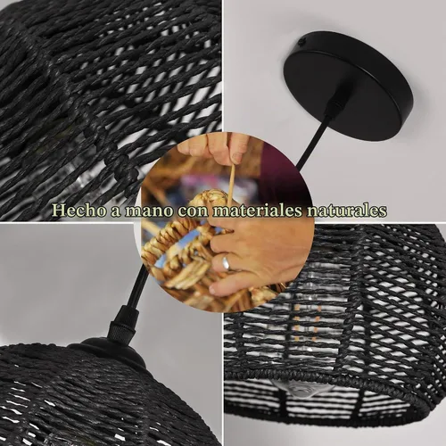 Vista 5 de Ayshwill Dec Lámpara de araña negra tejida estilo boho de ratán y mimbre con cúpula, lámpara colgante para comedor, dormitorio, isla de cocina