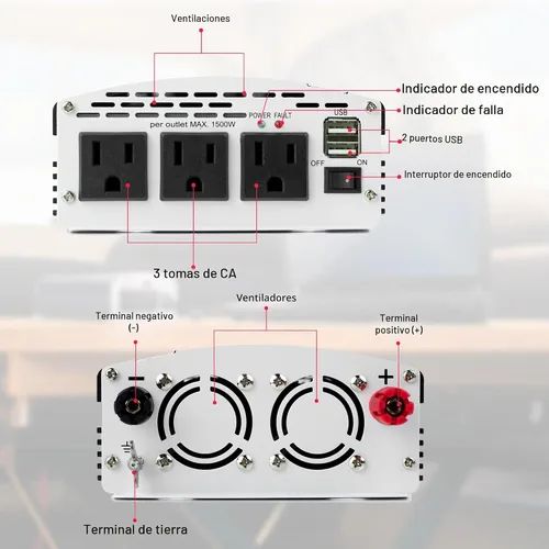 Vista 2 de Wagan EL3720 1000W Slimline Plus Inversor de corriente de CA a CC 1000 vatios TrueRated Continuo de 2500 vatios de sobretensión DC 12V a CA 110V