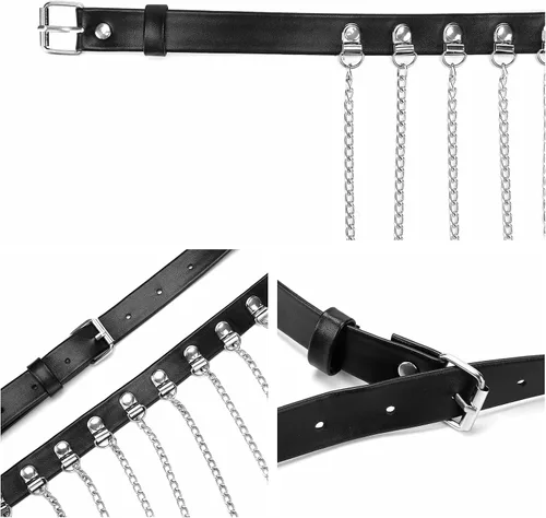 Vista 6 de Ayliss Cinturón de cadena de cintura punk para mujer, borla de metal, piel sintética, vintage, rockero, cinturón de vestir para jeans, pantalones