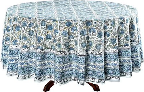 Vista 7 de Mantel redondo con estampado de bloque a mano, 100% algodón, reutilizable, color verde espárragos, 60 pulgadas, mantel decorativo para uso diario