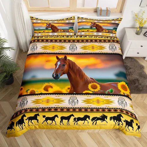Vista 44 de Juego de funda de edredón con diseño de caballos, atrapasueños para niños, adolescentes, hombres, funda de edredón con estampado de caballos