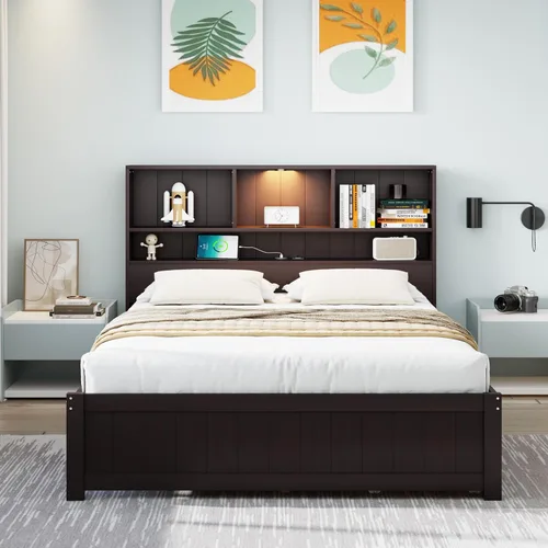 Vista 9 de MERITLINE Cama individual con cabecera de almacenamiento, cajones, estación de carga y luces LED, plataforma de madera con estantería