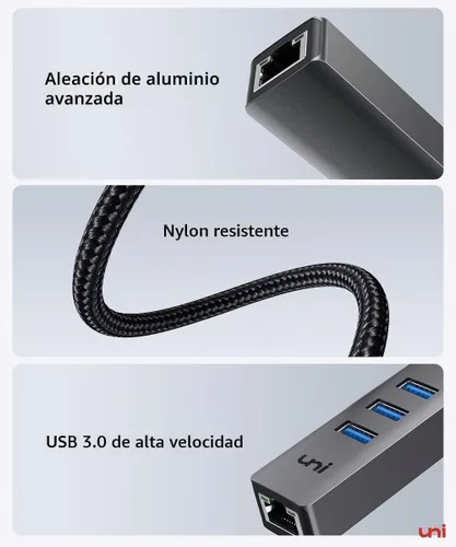 Vista 7 de uni Adaptador USB a Ethernet, concentrador USB 3.0 con 100/1000 Mbps RJ45 Ethernet sin controlador, resistente adaptador de red USB-A a LAN