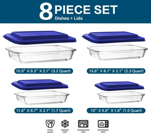 Vista 2 de Juego de 8 platos para hornear de vidrio profundo con tapas de plástico, juego de utensilios rectangulares de vidrio con tapas, moldes para hornear