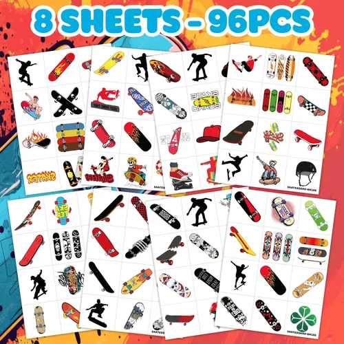 Vista 2 de 96 tatuajes temporales precortados para patineta, decoraciones de fiesta de cumpleaños con temática de patinaje, divertidas calcomanías para niños