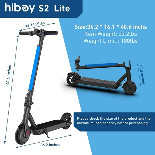 Vista 6 de Patinete eléctrico Hiboy S2 Lite – neumáticos sólidos de 6.5 pulgadas – hasta 17.1 kilómetros de alcance y 21 km/h, portátil y plegable